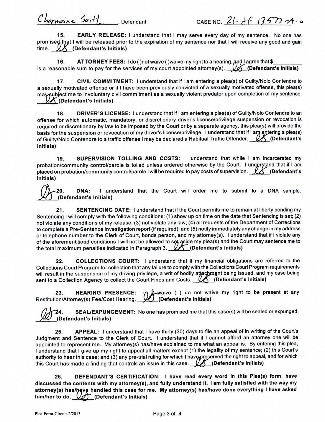 Page 3 of the four-page Plea (S) Form. Defendant's initials appear on items 15 (Early Release), 16 (Attorney Fees), 17 (Civil Commitment), 18 (Driver's License), 19 (Supervision Tolling and Costs), 20 (DNA), 21 (Sentencing Date), 22 (Collections Court), 23 (Hearing Presence), 24 (Seal/Expungement), 25 (Appeal), and 26 (Defendant's Certification).
